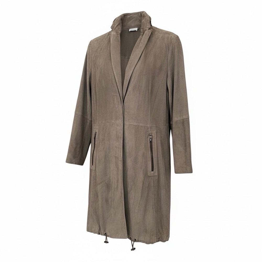 Brunello Cucinelli taupe suede leather coat